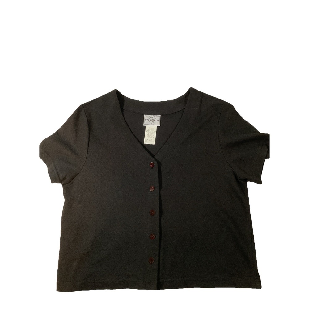Womens Cropped Top 16 Black Short‎ Sleeve Button Up Studio Ease H74